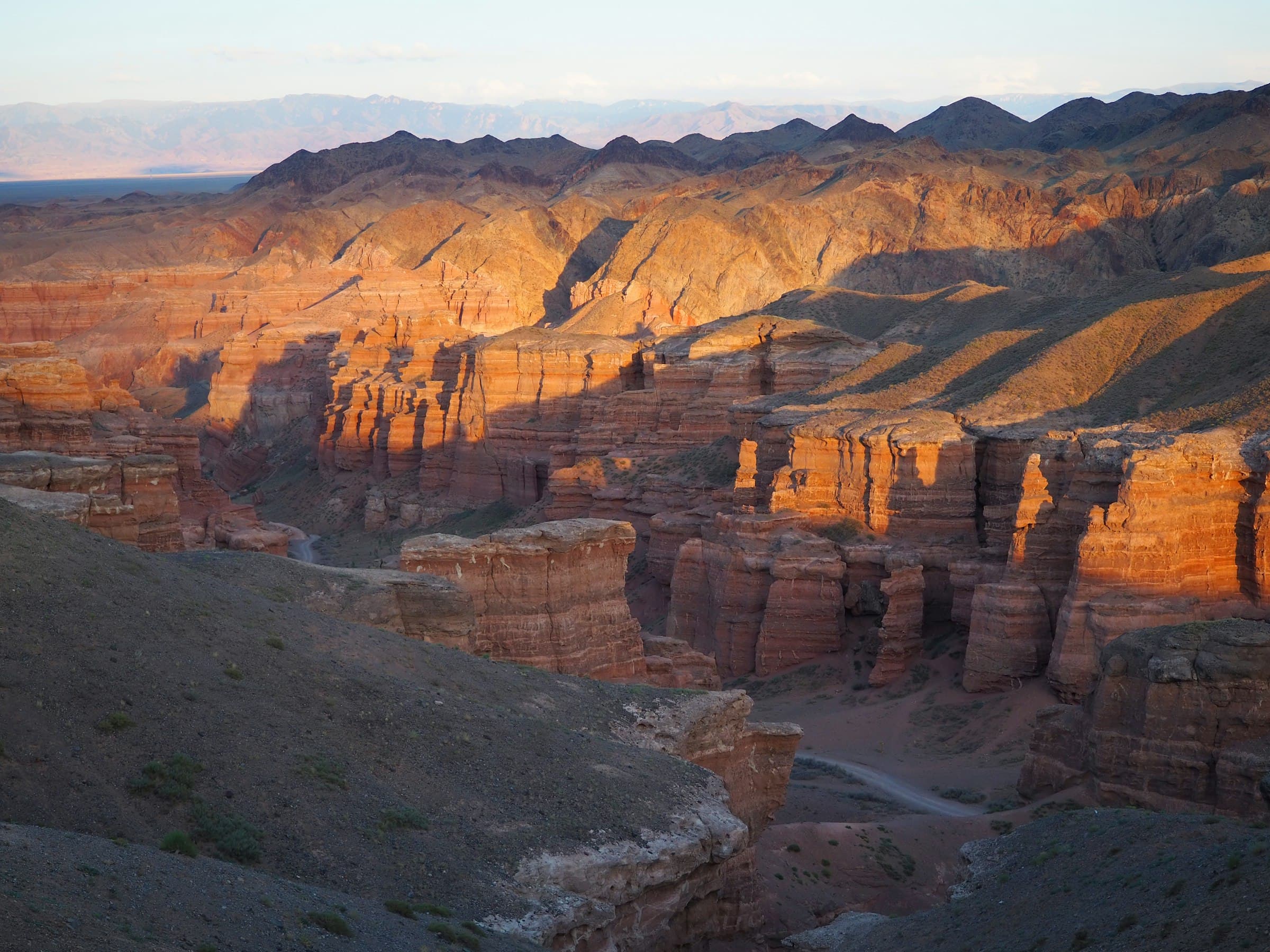 Evening light on the red walls of Charyn Canyon in Kazakhstan