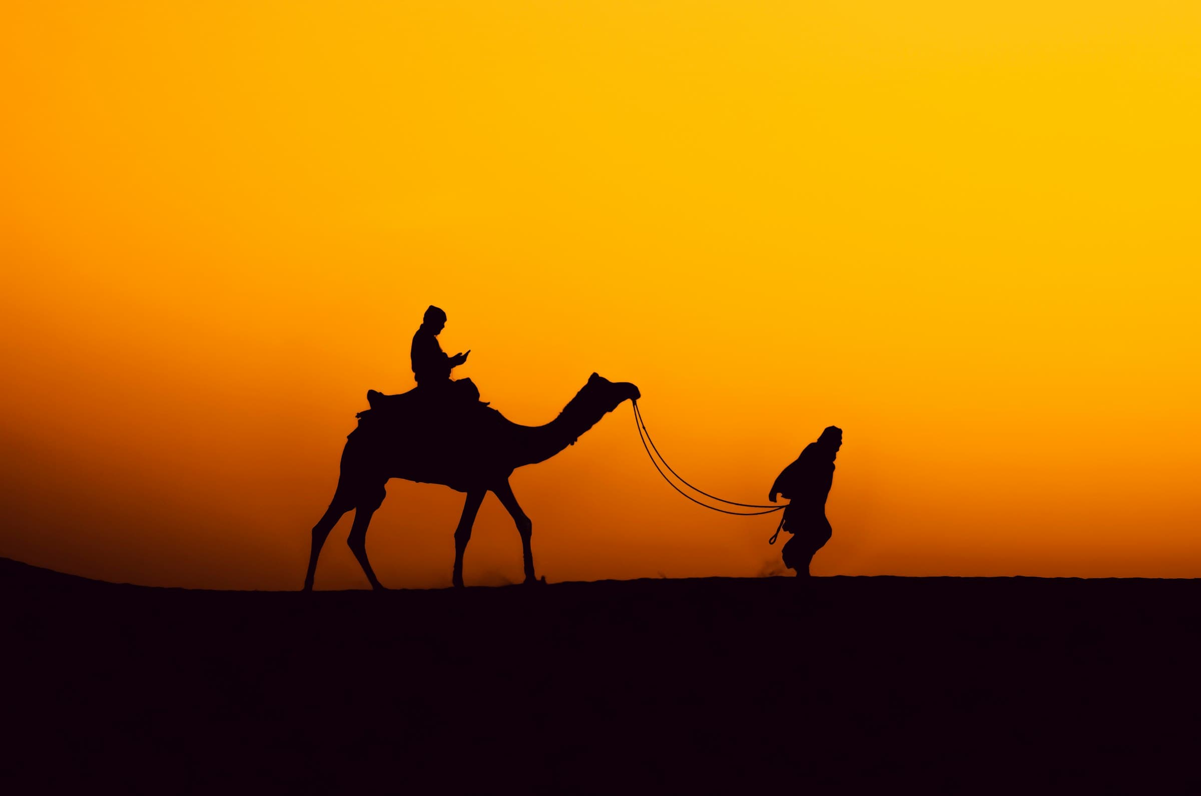 A camel ride across the sand dunes near Jaisalmer at sunset