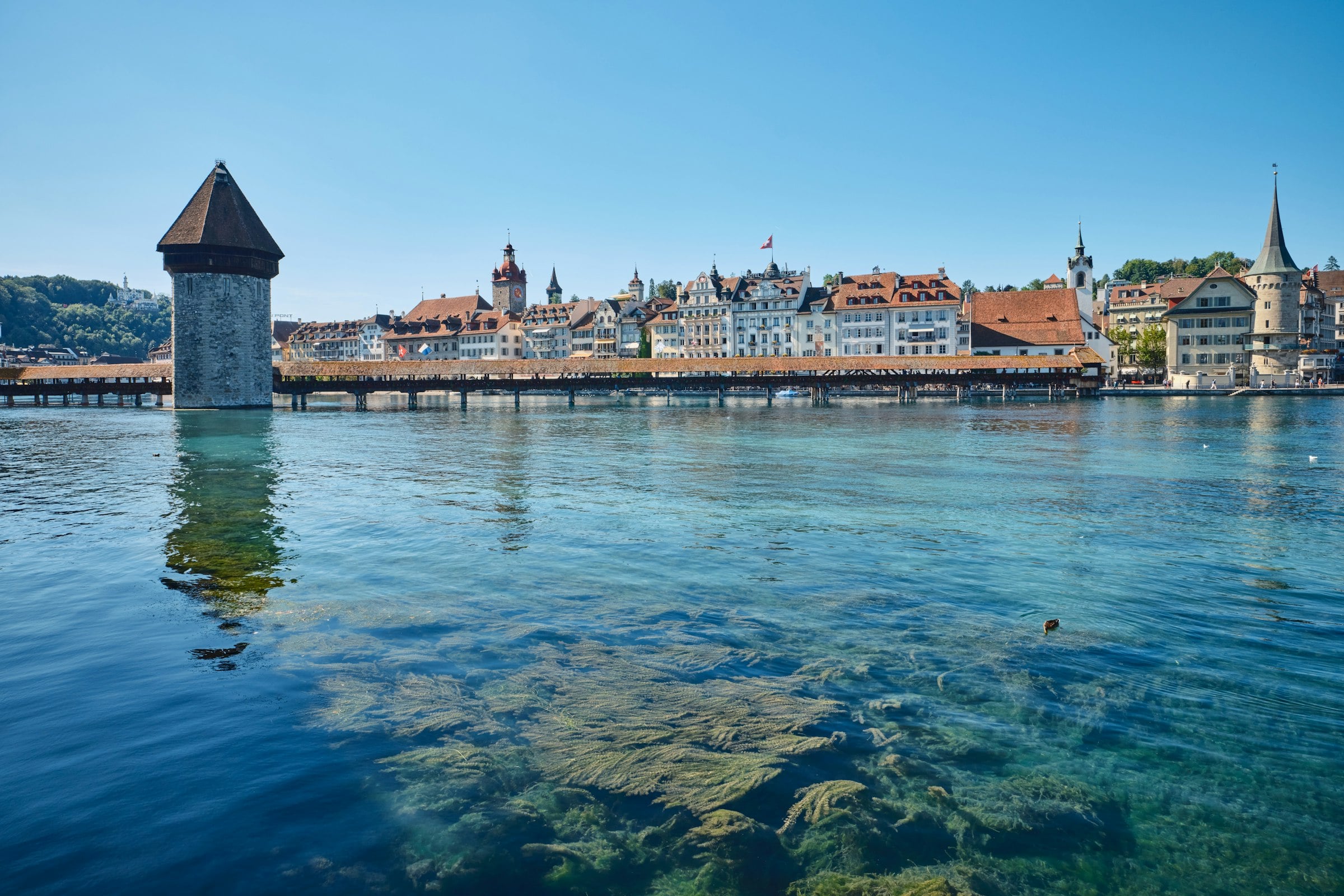 The Chapel Bridge and Water Tower on the River Reuss in Lucerne