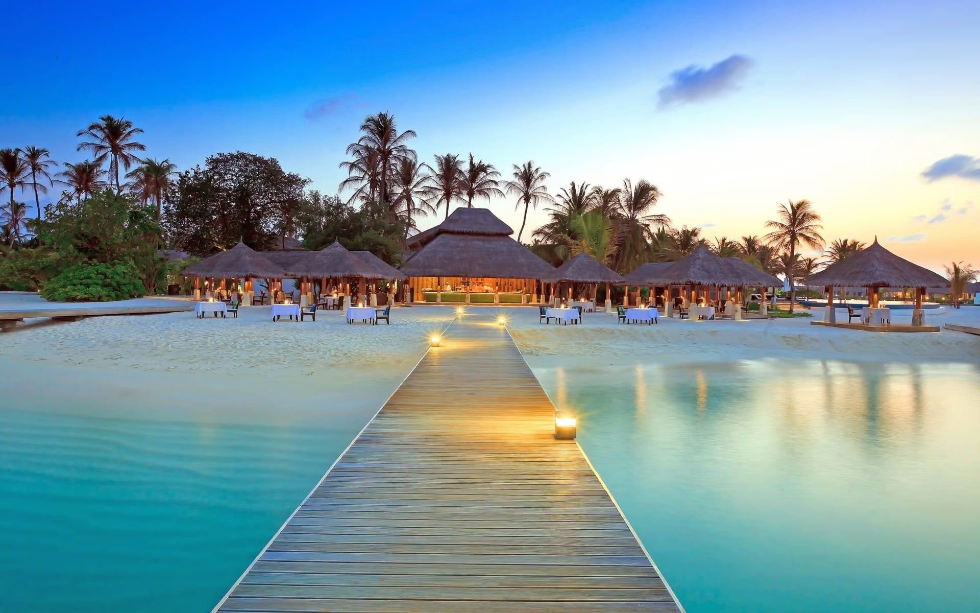 A wooden jetty across turquoise water to a palm-fringed island resort