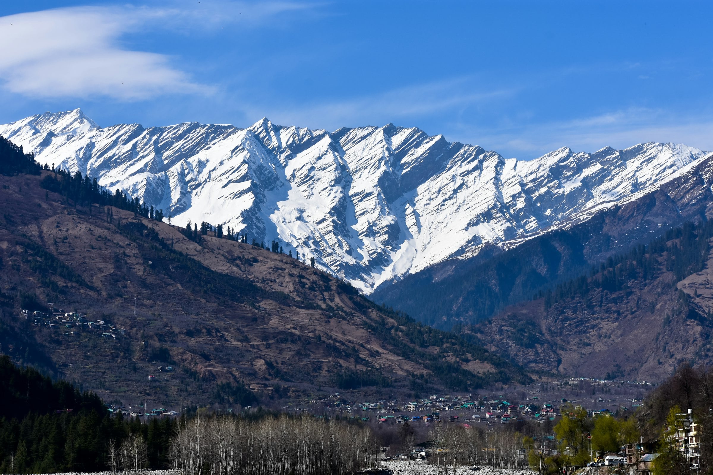 Snow-covered peaks above the valley at Manali