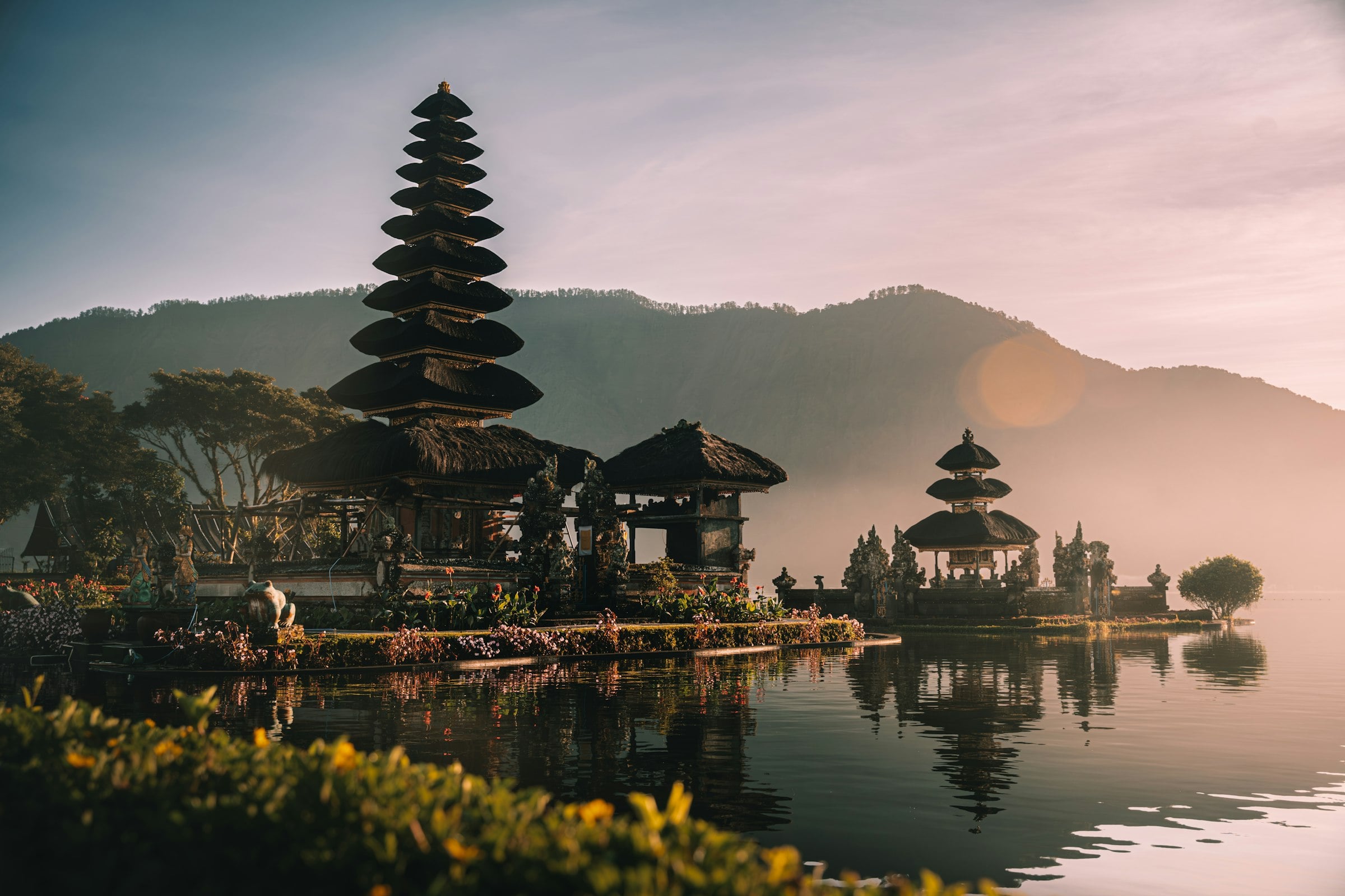 Pura Ulun Danu Bratan temple on Lake Beratan in Bali at golden hour